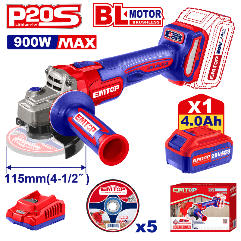 Miniesmeriladora Emtop 4 1/2" inalámbrica 20V batería, cargador - La nueva eléctrica