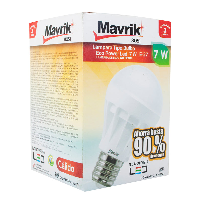 Foco Adir mavrik led t/bulbo 7 watts blanco cálido