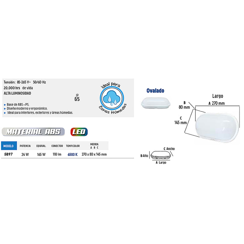 Lámpara Adir led 24w sobreponer baños exteriores frío