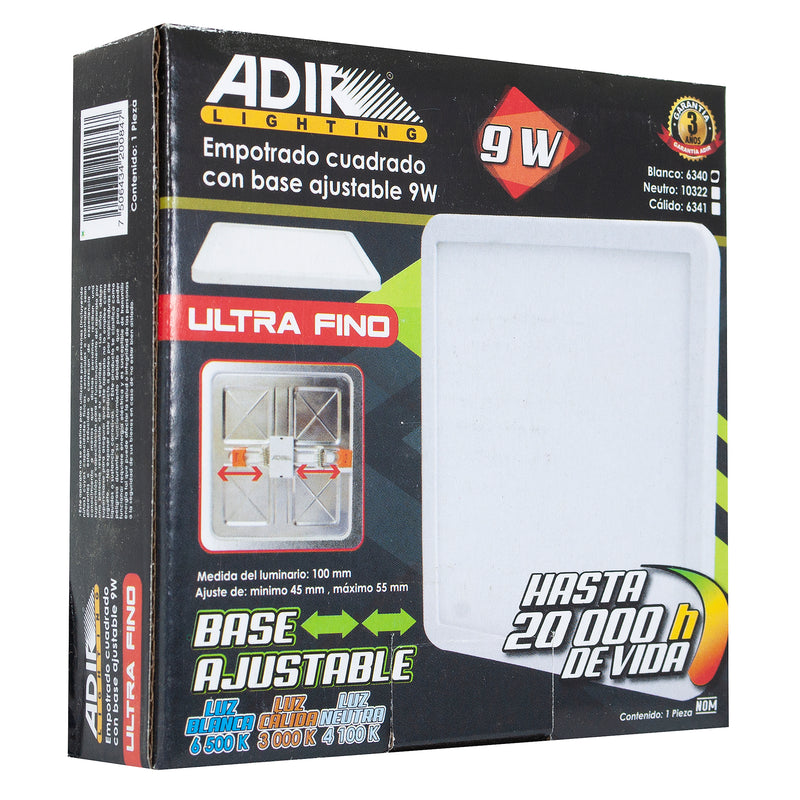 Empotrado Adir led cuadrado 9w frío base ajustable