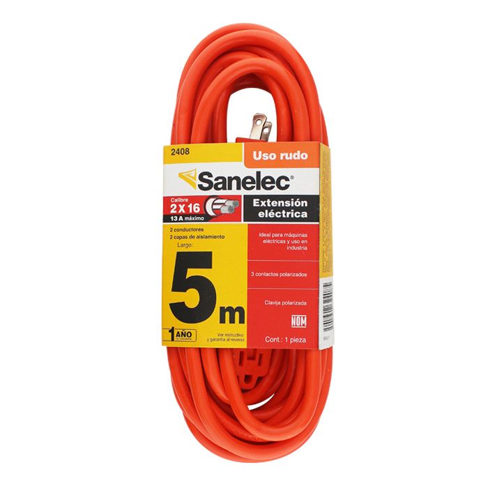 Extensión Sanelec 5 mts 2 x16 uso rudo naranja