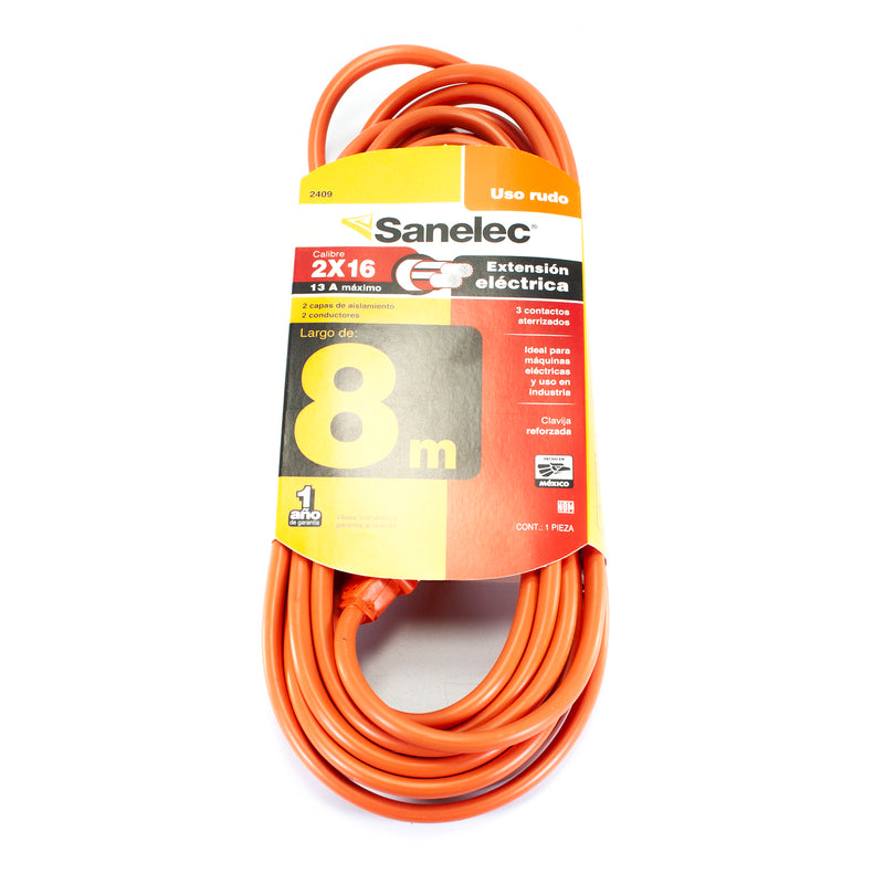 Extensión Sanelec 8 mts 2 x16 uso rudo naranja