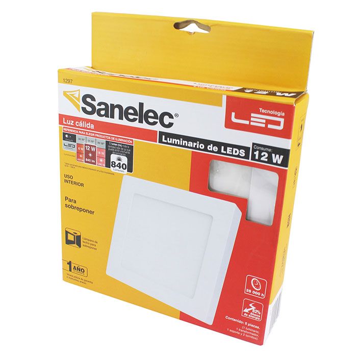 Luminario Sanelec led 12w sobreponer cuadrado cálido