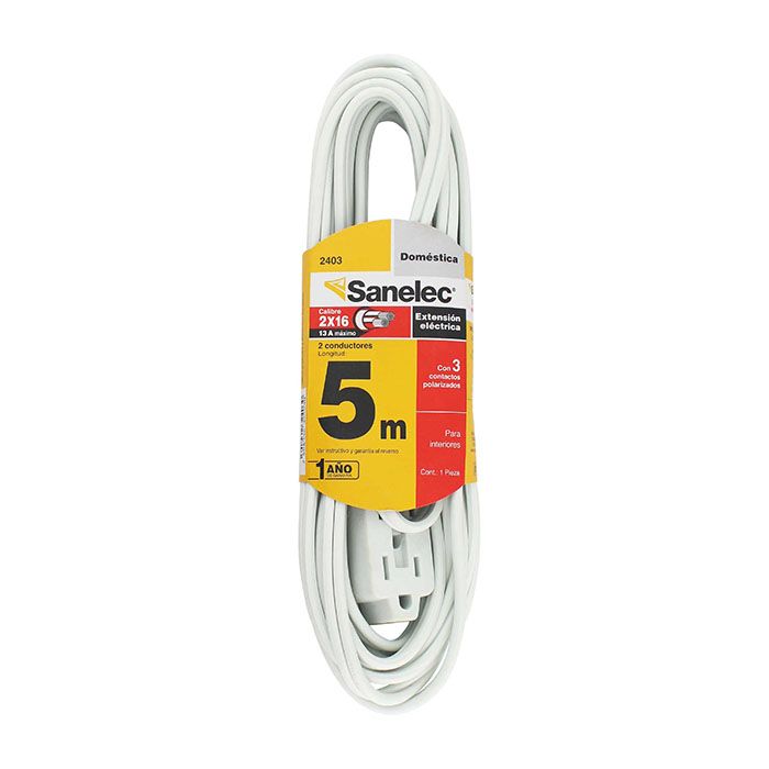 Extensión Sanelec doméstica 5 m blanca reforzada 2x22