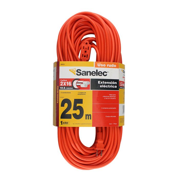 Extensión Sanelec 25 mts 2 x16 uso rudo naranja